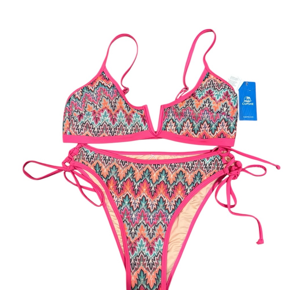 NWT Cupshe Pink and Multicolor Bikini Set